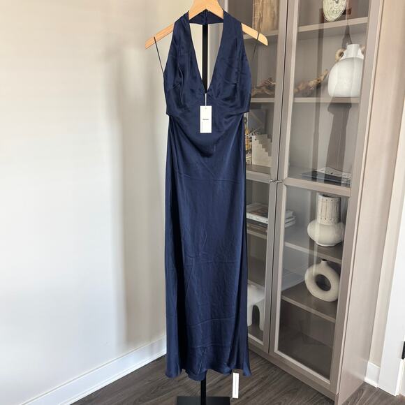 Reformation Daniela Silk Maxi Dress 4 NEW Navy Sleeveless V-Cut Halter Satin NWT - Picture 2 of 7